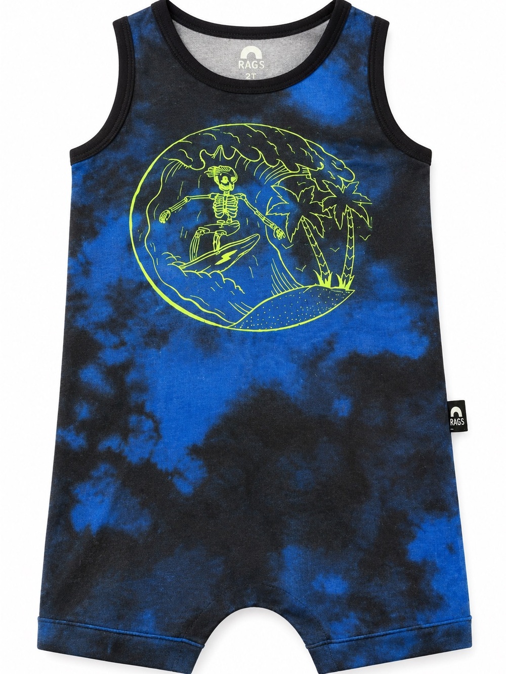 RAGS Toddler 2T Blue Black Tie Dye Skeleton Surfer Romper One Piece